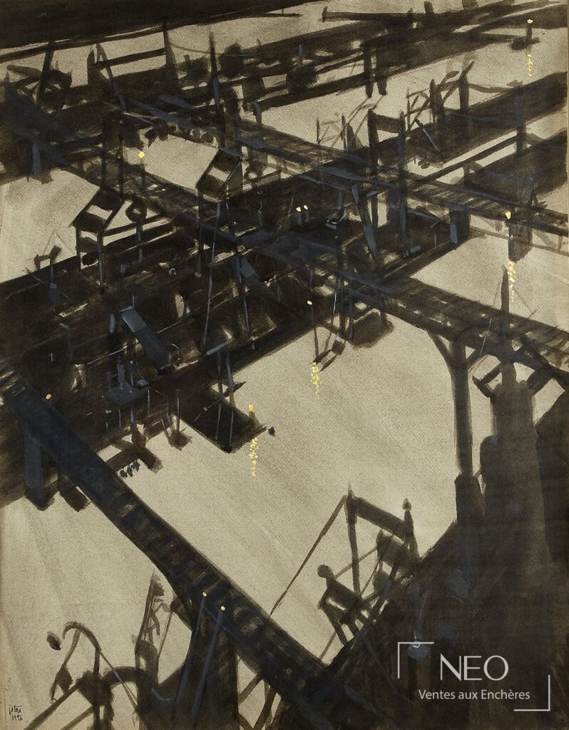 Composition abstraite de Jean-Pierre Stora en encre et lavis sur papier