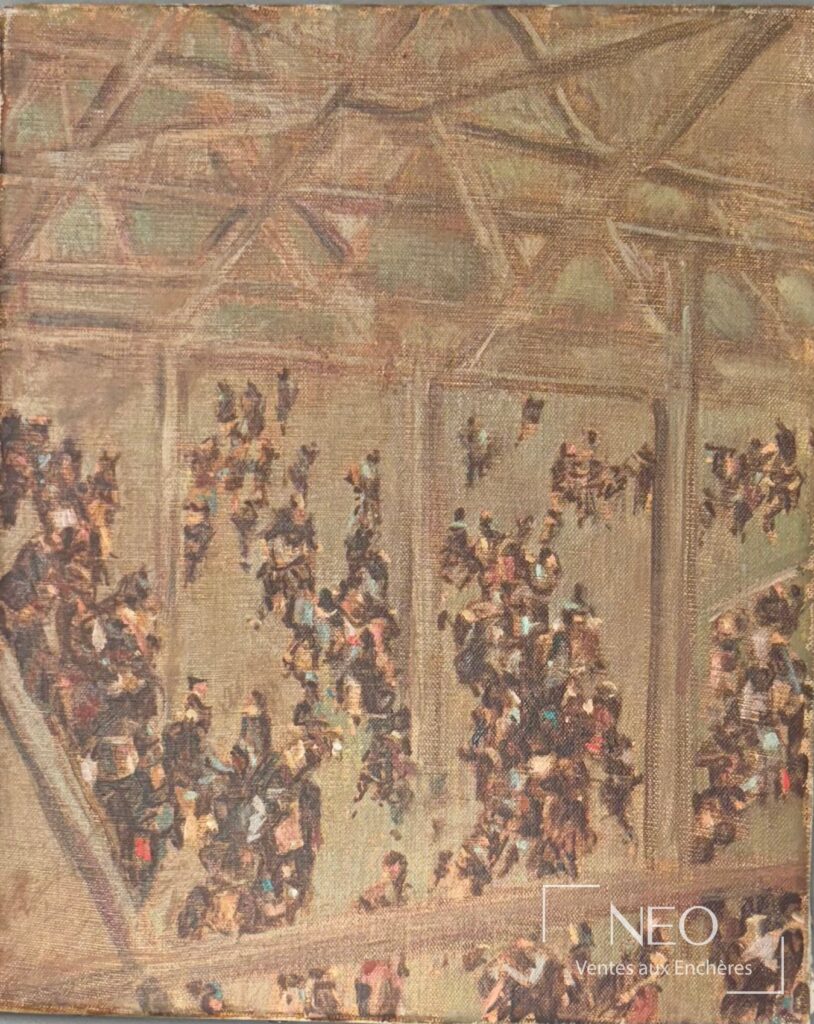 Huile sur toile représentant une vue du Centre Pompidou dans des tons brun et ocre