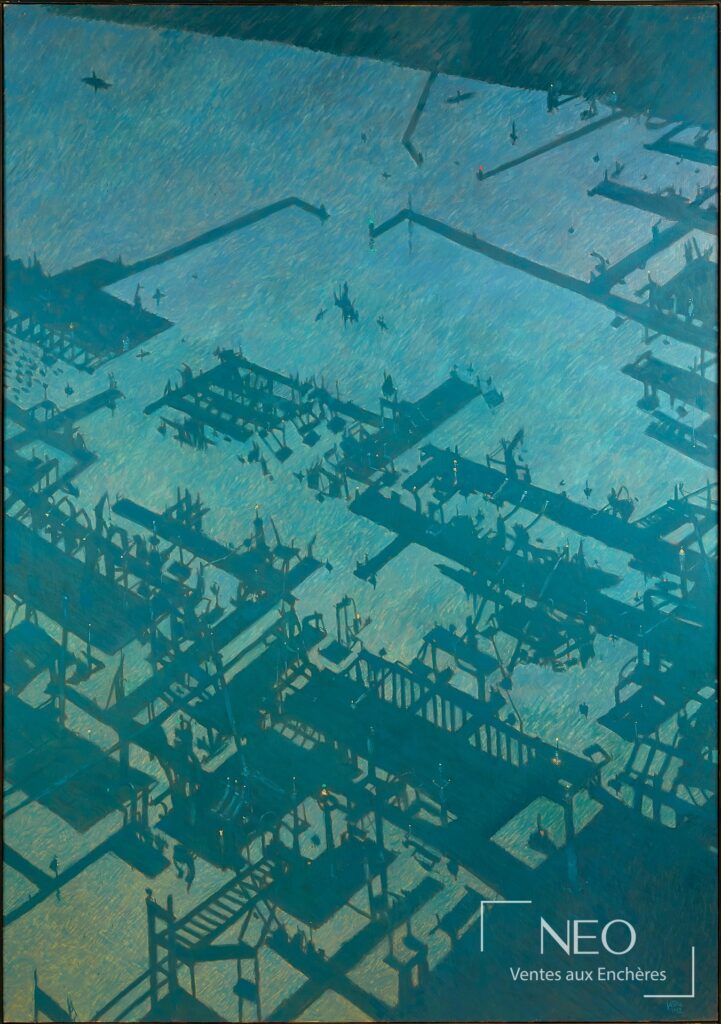 Huile sur toile représentant un port dans des tons bleus