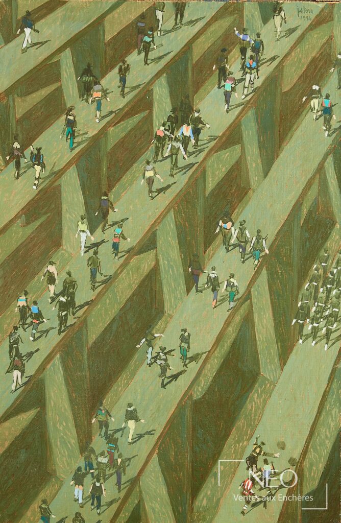 Huile sur toile de Jean-Pierre Stora montrant des piétons dans un paysage géométrique vert