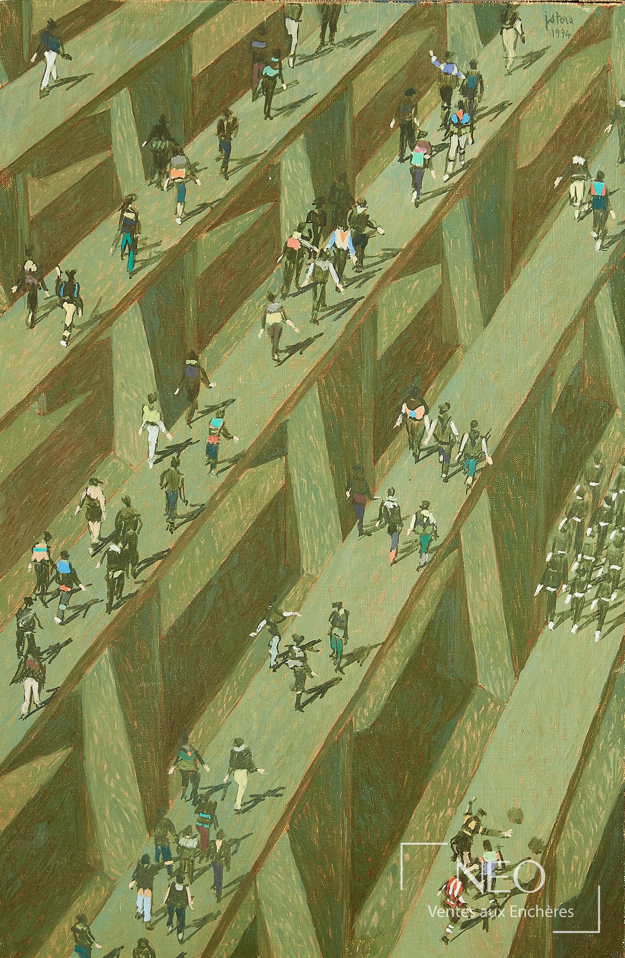 Huile sur toile de Jean-Pierre Stora montrant des piétons dans un paysage géométrique vert