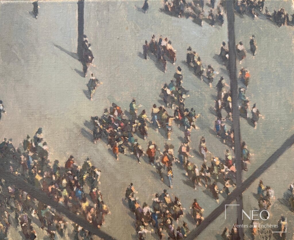 Huile sur toile figurant une scène urbaine vue d'en haut