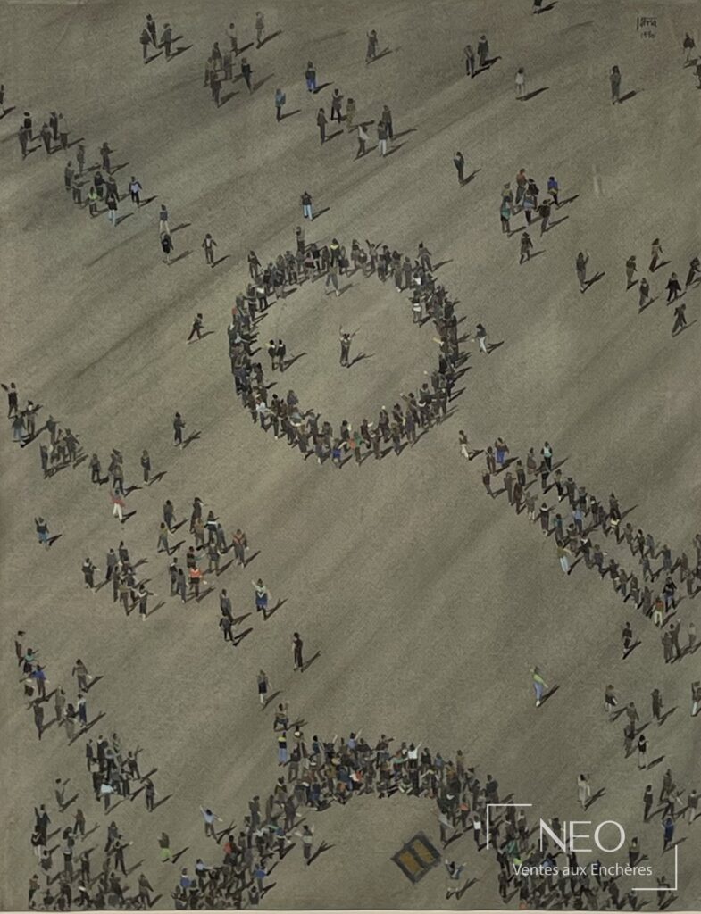 Vue de l'œuvre encadrée représentant une scène de figures groupées en cercle sur fond neutre