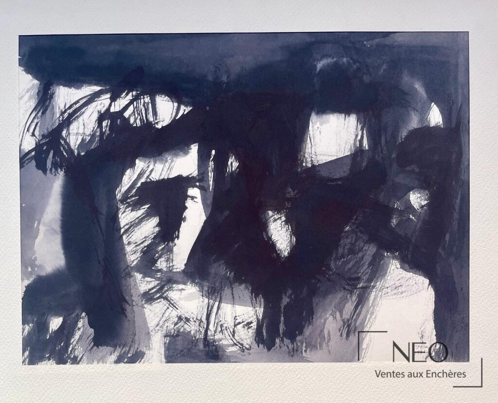 Composition abstraite à l'encre noire et grise sur papier