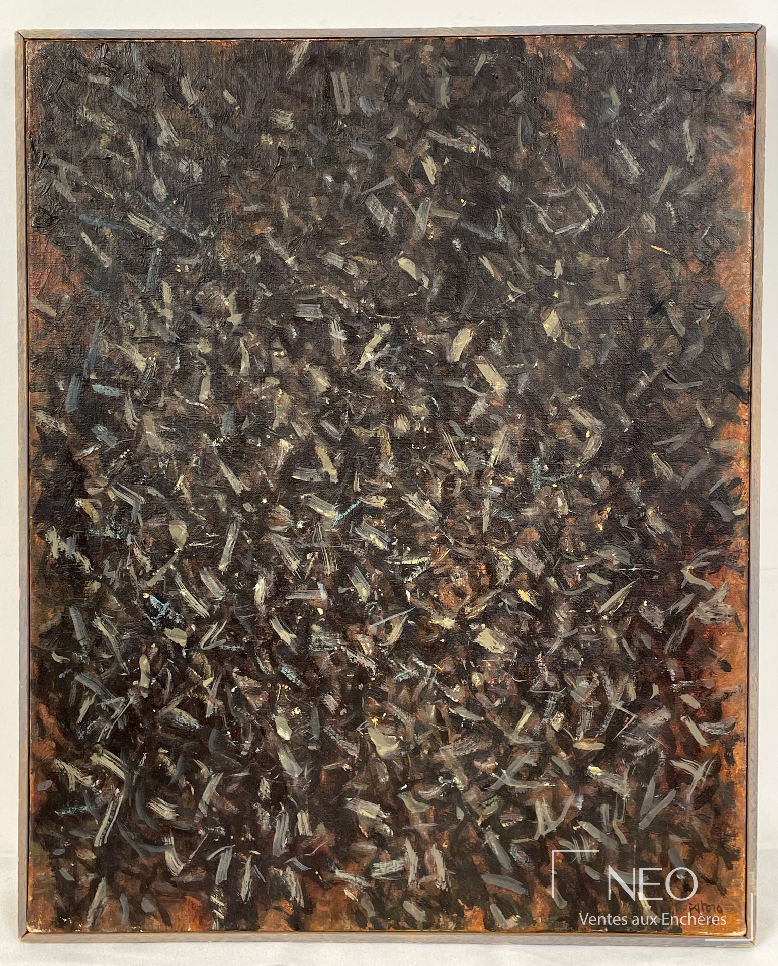 Composition abstraite de Jean-Pierre Stora aux tonalités sombres et cuivrées
