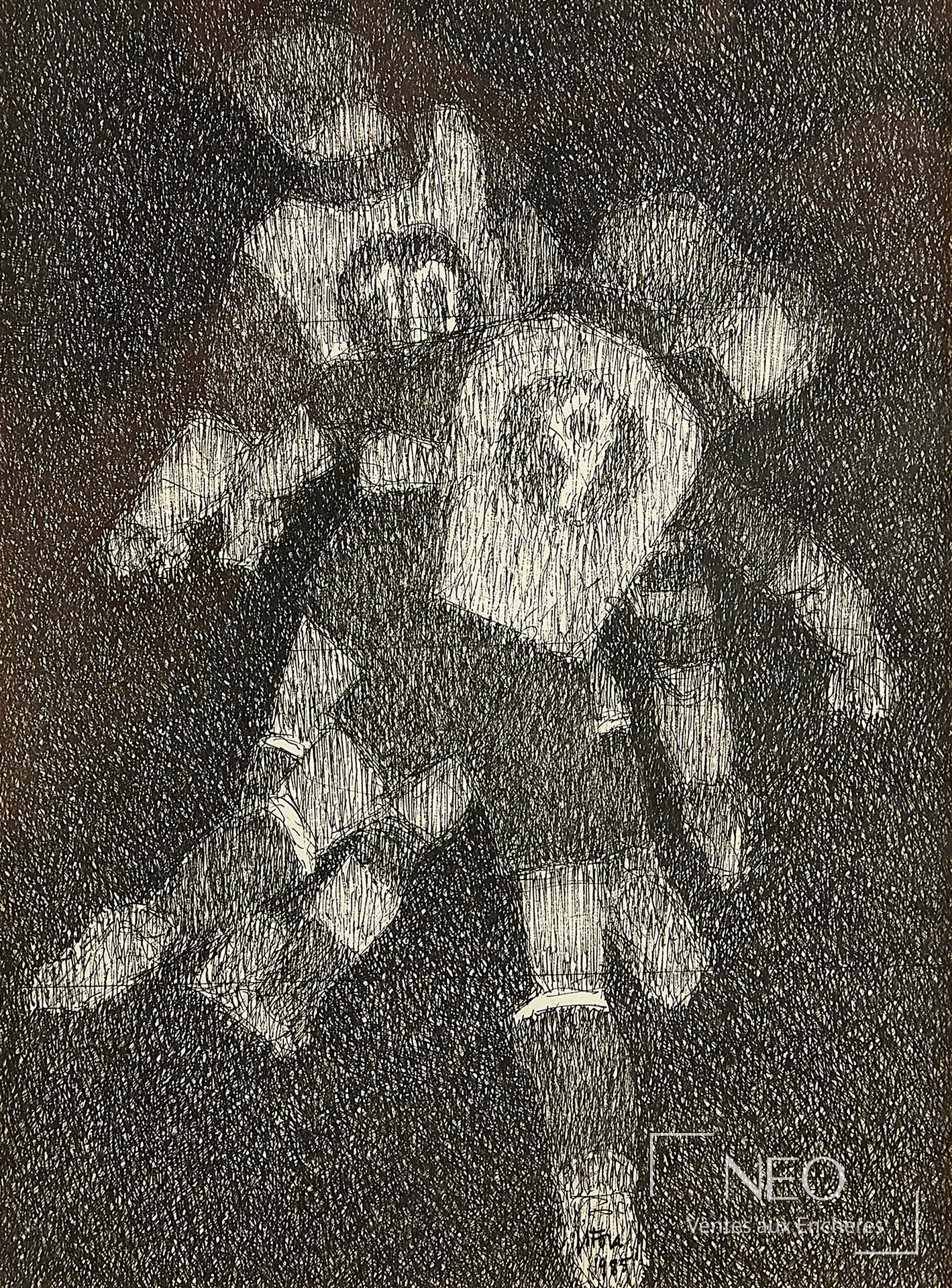 Dessin de footballers à l'encre noire sur fond sombre