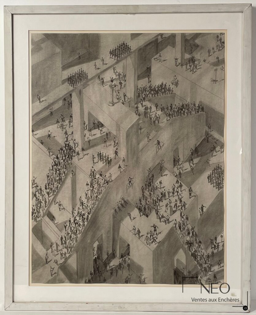 Dessin de Jean-Pierre Stora montrant une composition architecturale peuplée de figures minuscules.