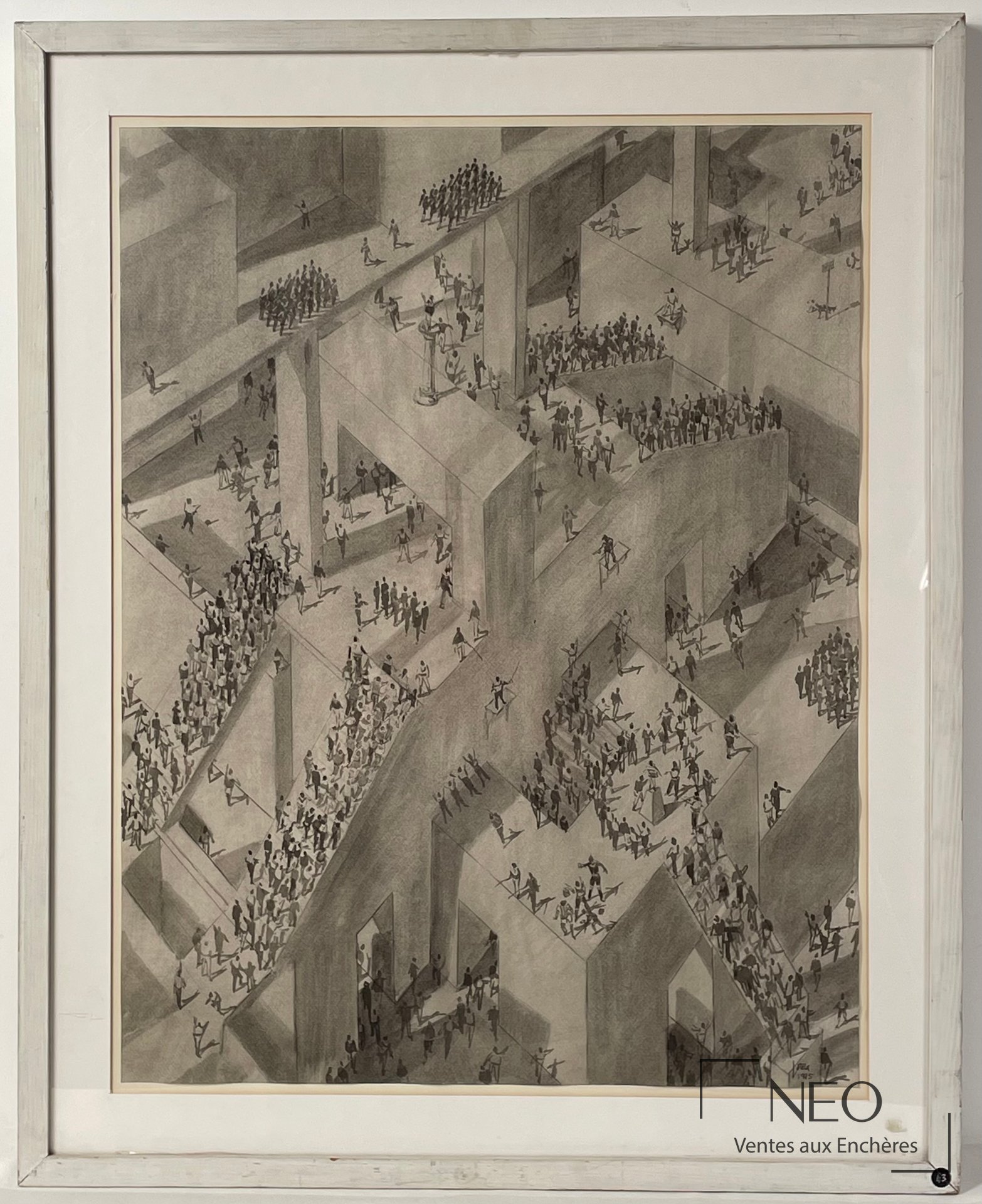 Dessin de Jean-Pierre Stora montrant une composition architecturale peuplée de figures minuscules.