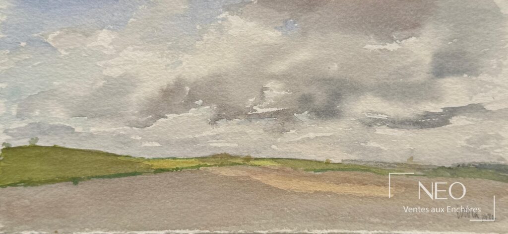Aquarelle horizontale représentant un paysage sous un ciel nuageux