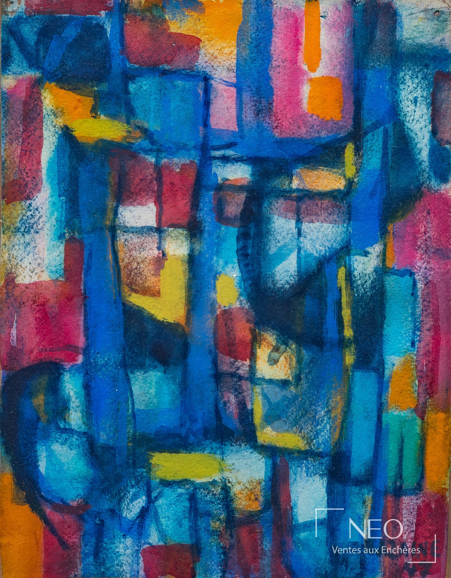 Gouache abstraite de Jean René Bazaine aux dominantes bleues