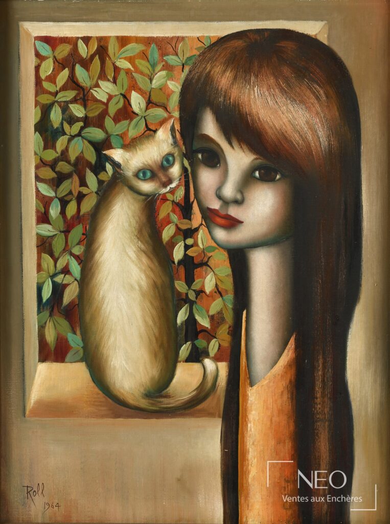 Huile sur toile de Jean Roll représentant une femme au chat devant un fond de feuillage