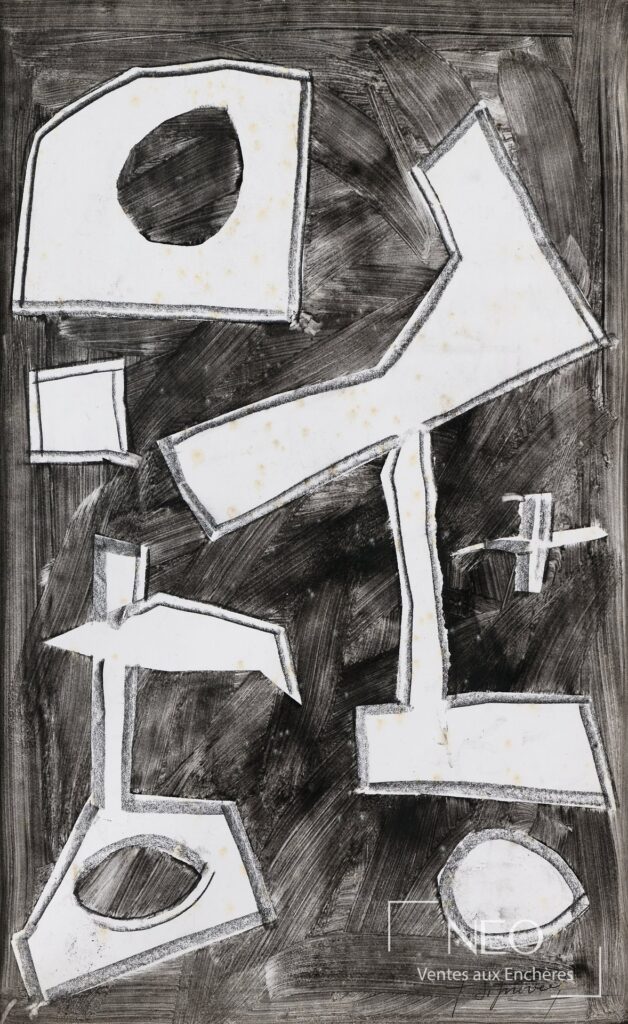 Composition abstraite en noir et blanc avec formes géométriques blanches et signature en bas à droite