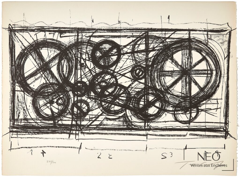 Lithographie de Jean Tinguely représentant un réseau de formes circulaires et de traits noirs sur papier vélin