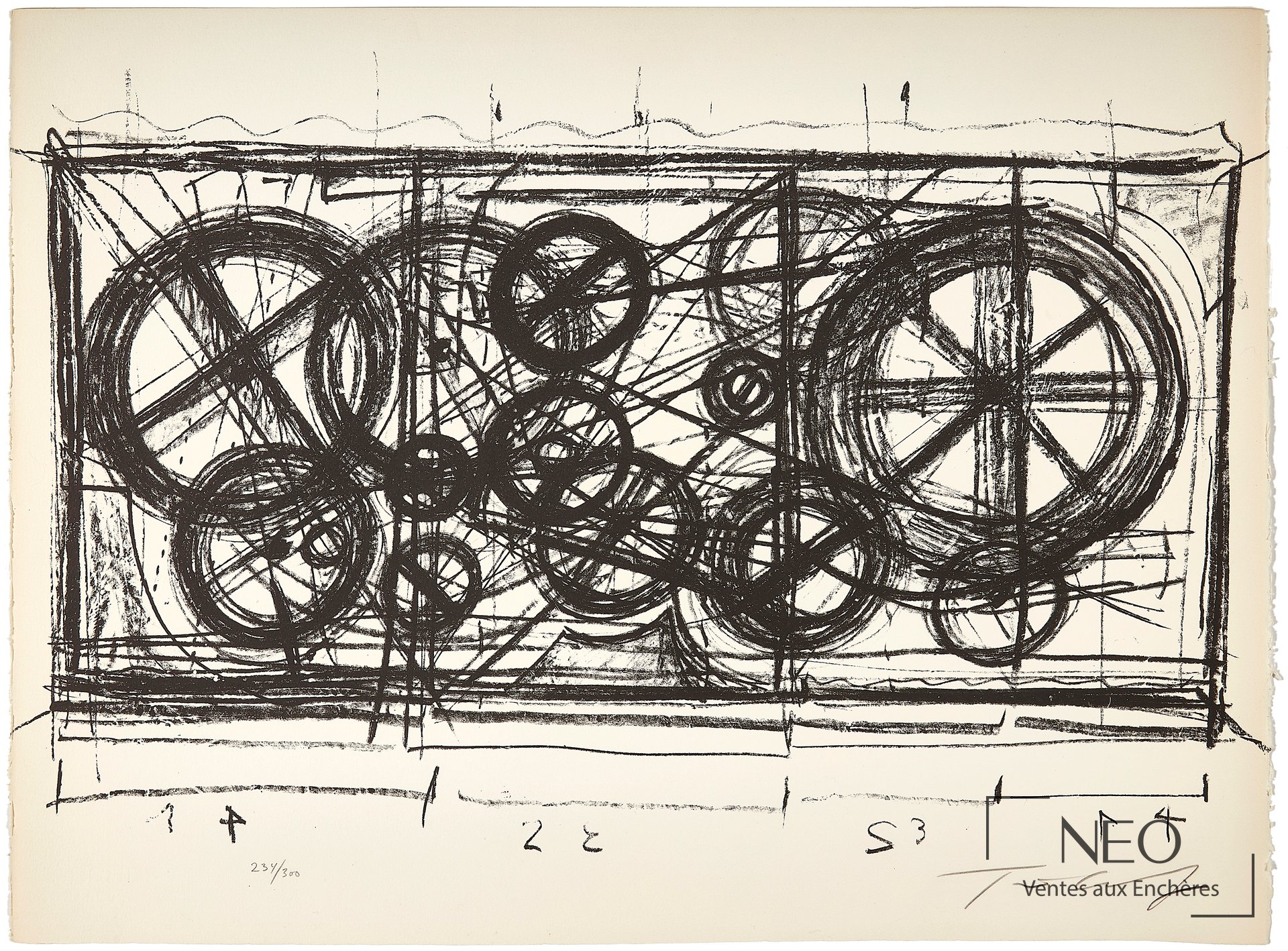 Lithographie de Jean Tinguely représentant un réseau de formes circulaires et de traits noirs sur papier vélin