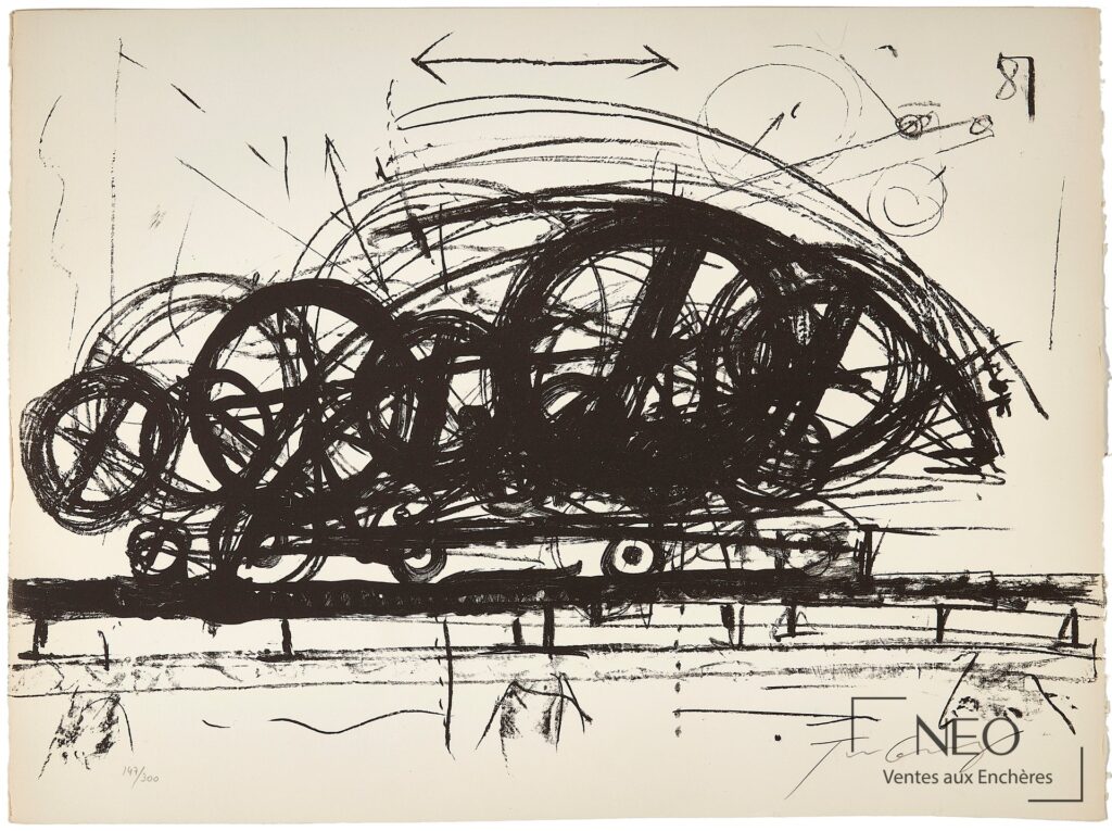 Lithographie de Jean Tinguely avec composition abstraite noire sur fond clair
