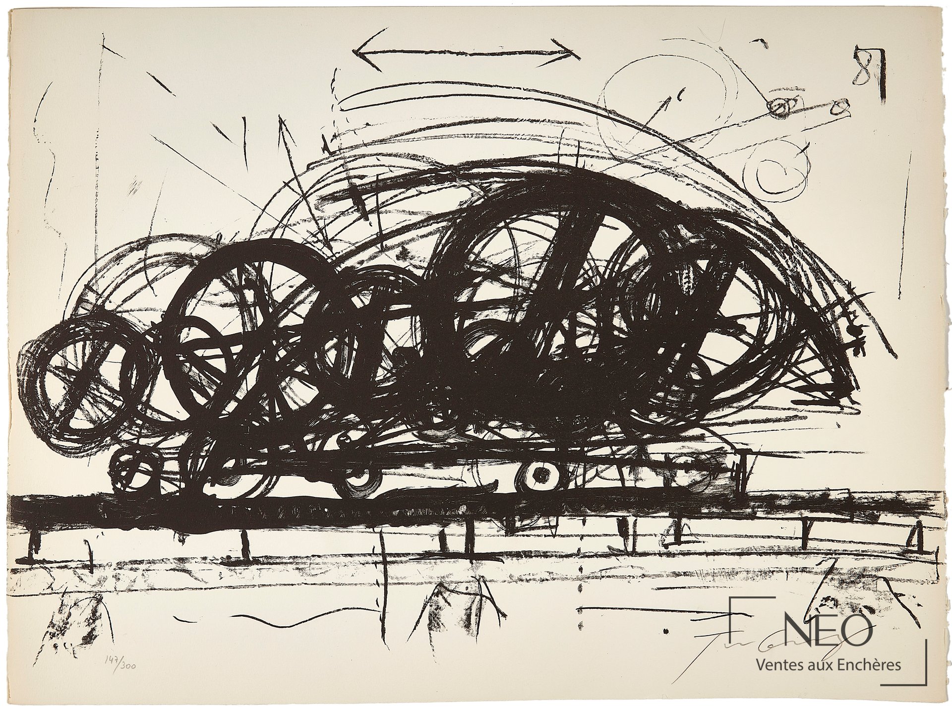 Lithographie de Jean Tinguely avec composition abstraite noire sur fond clair