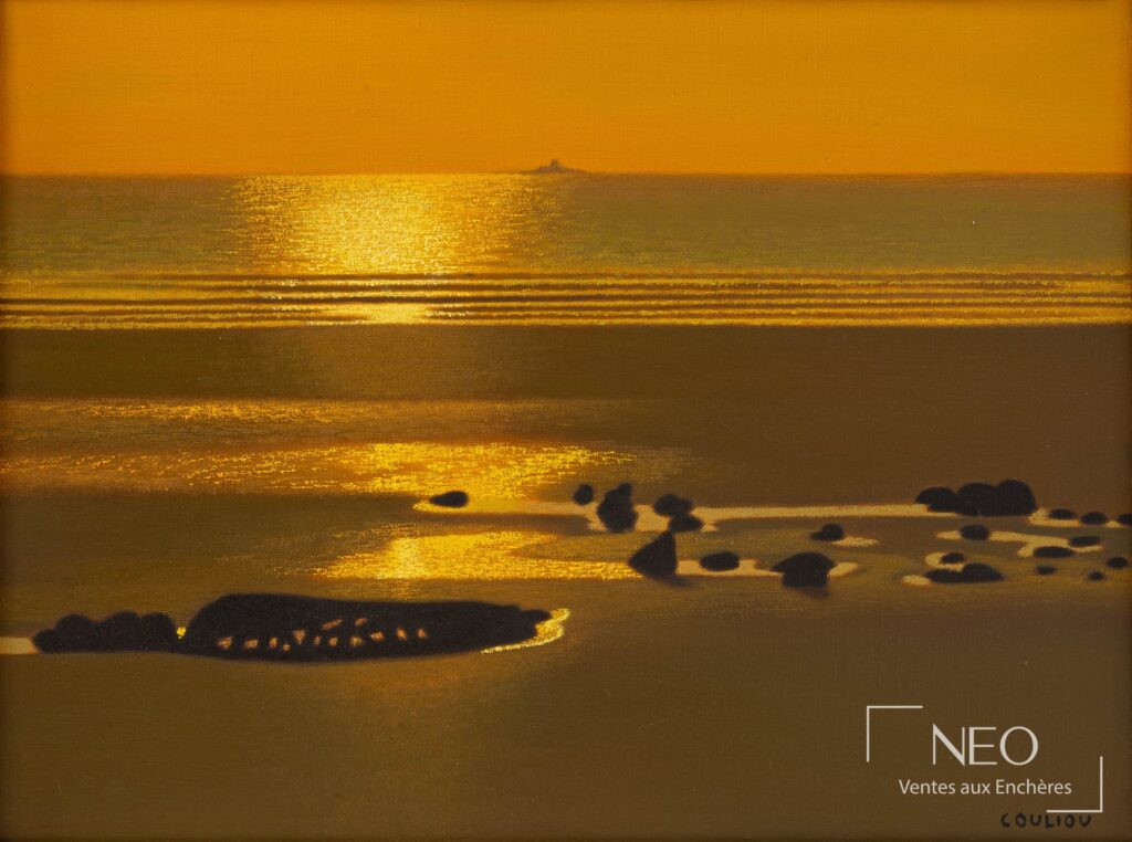 Paysage marin au soleil couchant peint en tons dorés et bruns