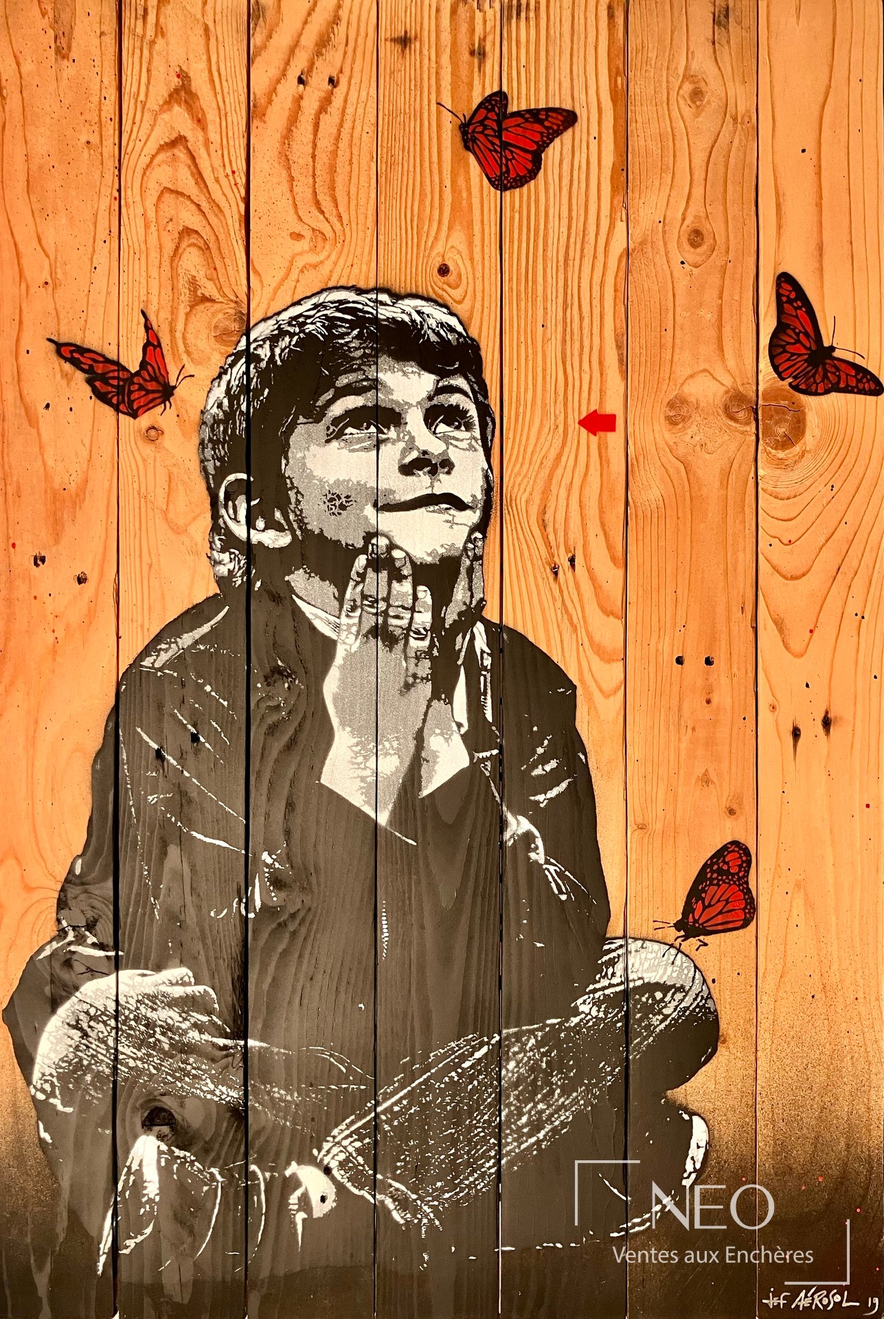 Pochoir de Jef Aérosol sur panneaux de bois avec portrait et papillons rouges