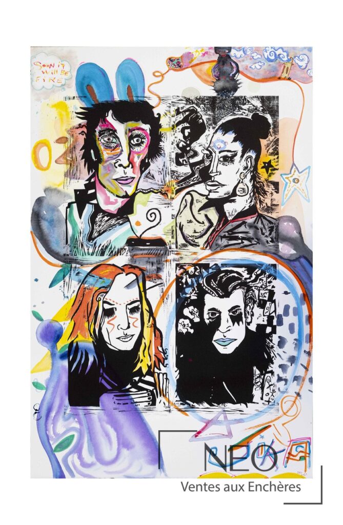 Gravure sur bois colorée de Jérémy Kapone avec quatre portraits et inscriptions peintes