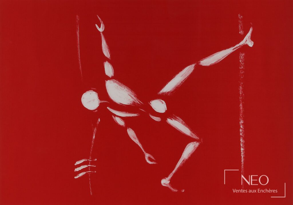 Lithographie en couleurs de Jérôme Mesnager sur fond rouge