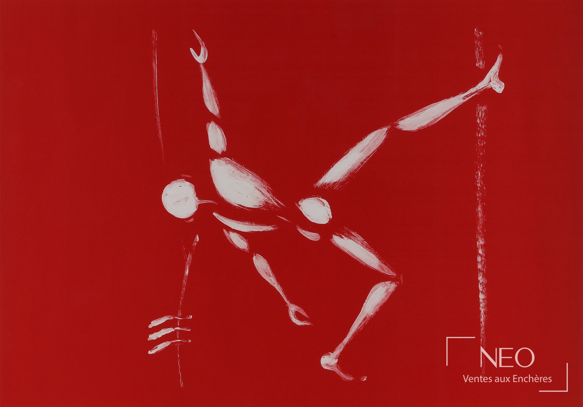 Lithographie en couleurs de Jérôme Mesnager sur fond rouge