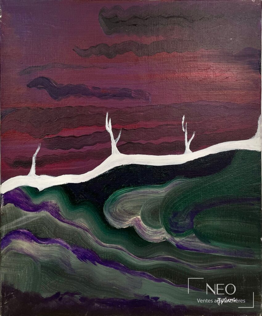 Huile sur toile de Jérôme Vericel représentant un paysage pourpre aux arbres