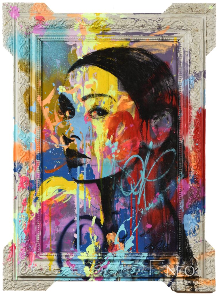 Composition colorée de JM Robert avec portrait stylisé peint dans un cadre décoratif