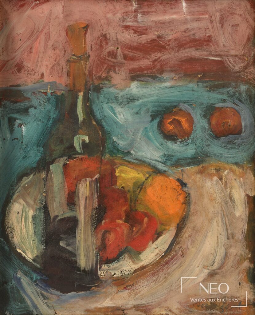 Nature morte de Joachim Weingart avec bouteille et pommes