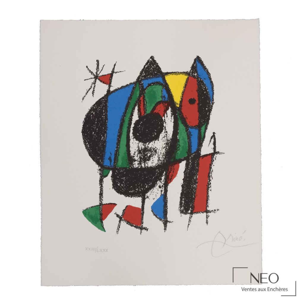 Lithographie en couleurs de Joan Miró avec composition abstraite et numérotation au crayon