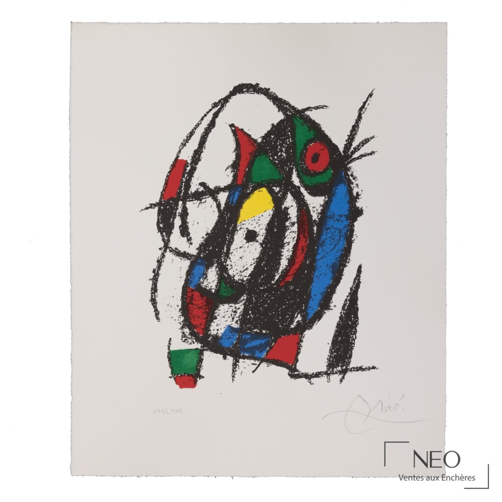 Lithographie abstraite en couleurs de Joan Miró avec formes noires