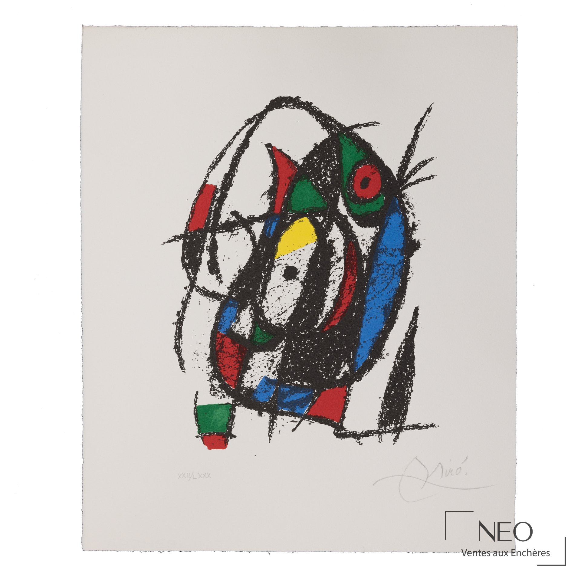 Lithographie abstraite en couleurs de Joan Miró avec formes noires