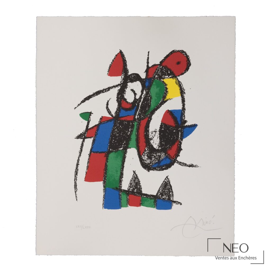 Composition abstraite de Joan Miró en couleurs sur fond blanc