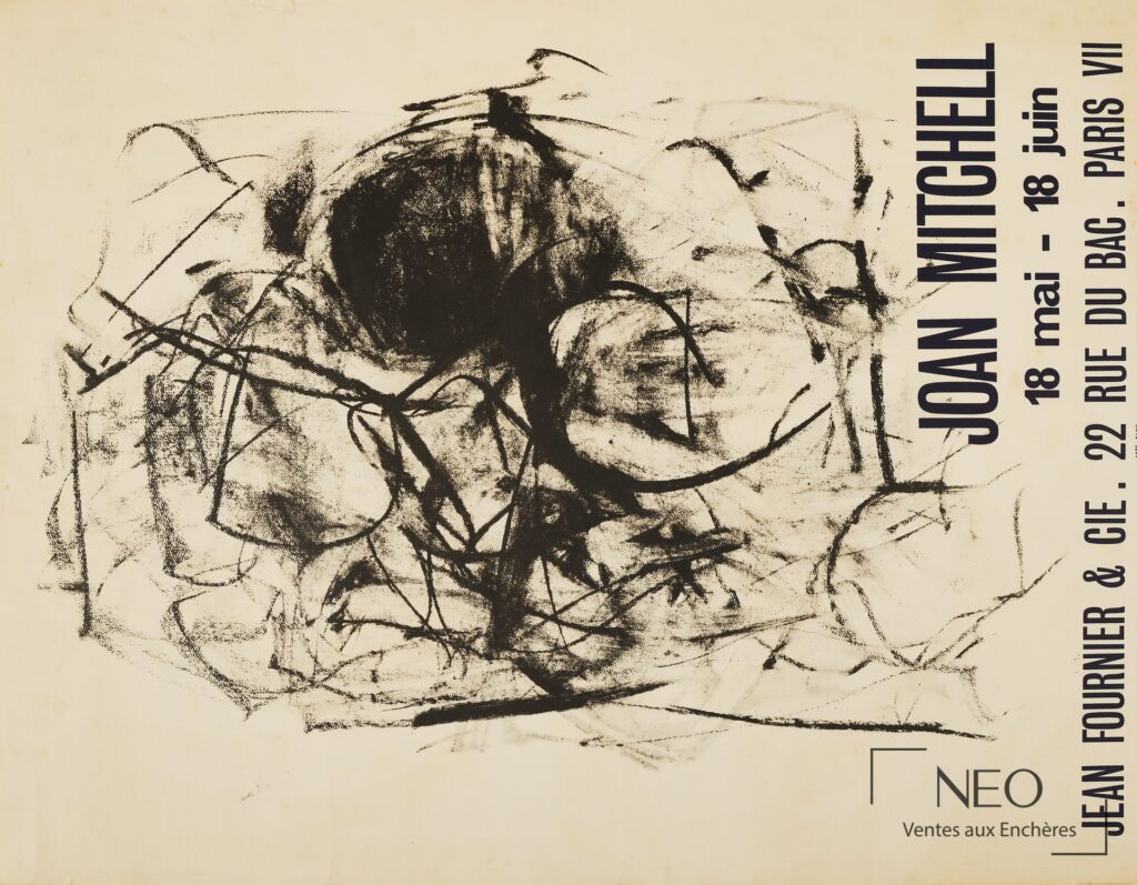 Affiche d’exposition Joan Mitchell avec grand motif abstrait noir et mention de la Galerie Jean Fournier