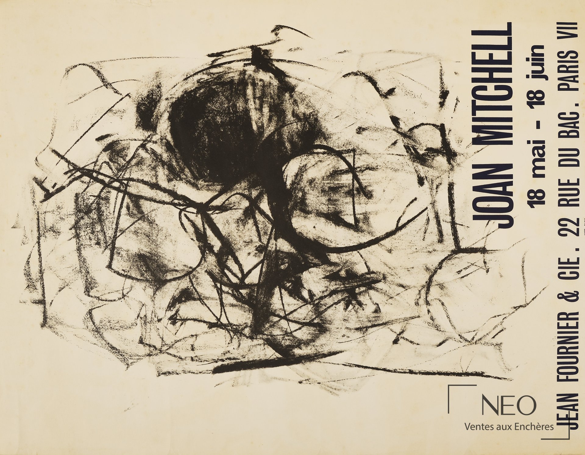 Affiche d’exposition Joan Mitchell avec grand motif abstrait noir et mention de la Galerie Jean Fournier