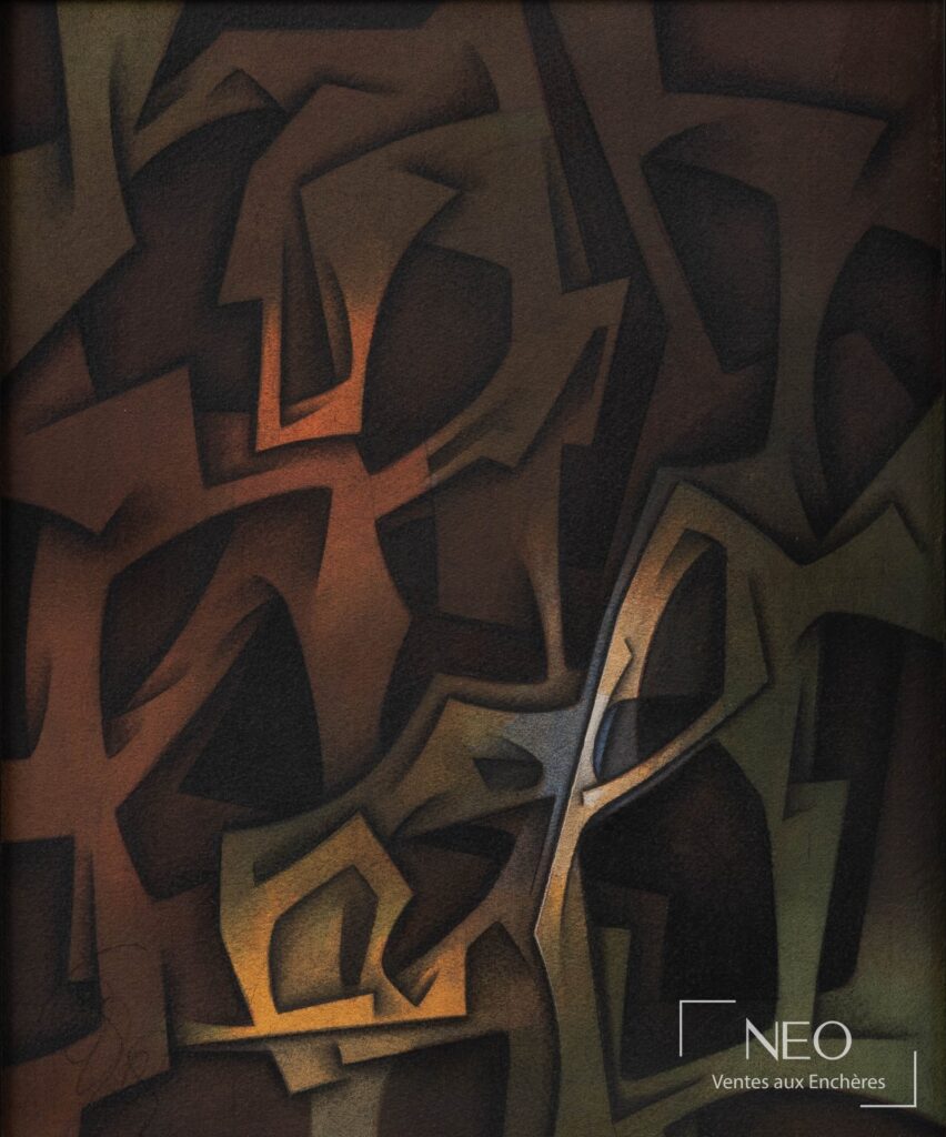 Composition abstraite aux formes anguleuses et couleurs sombres de Joaquin Ferrer