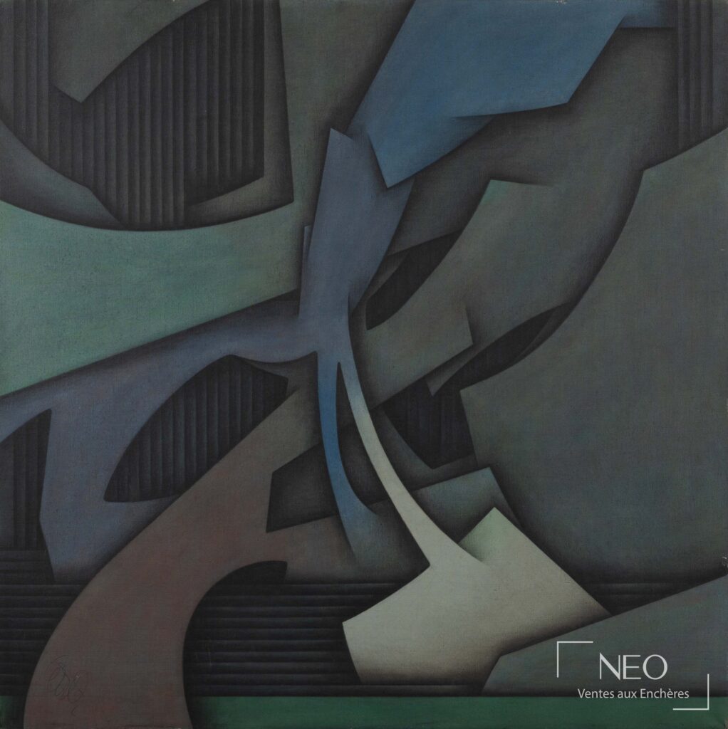 Composition abstraite aux formes géométriques sombres et bleutées sur fond de toile