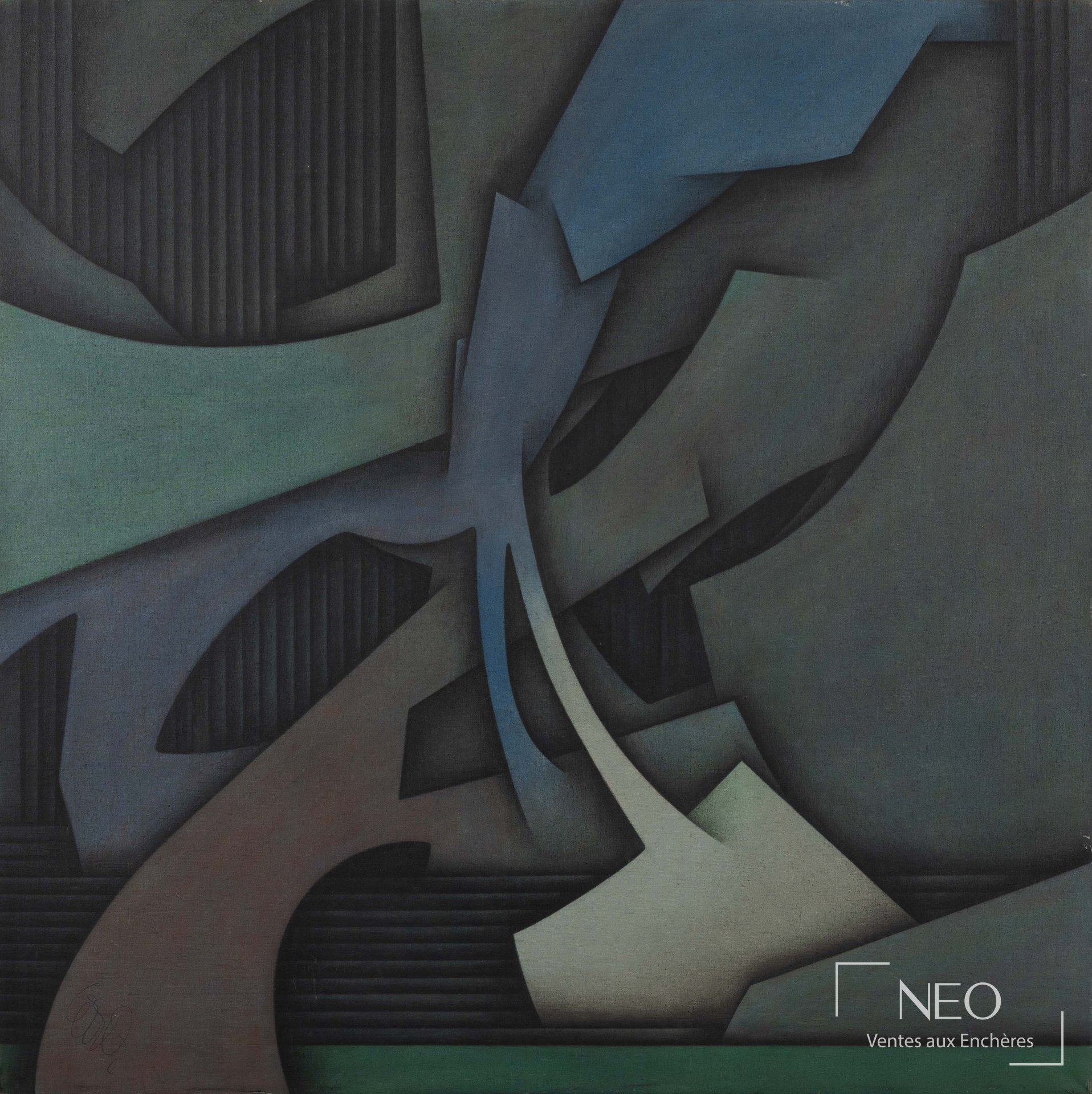 Composition abstraite aux formes géométriques sombres et bleutées sur fond de toile
