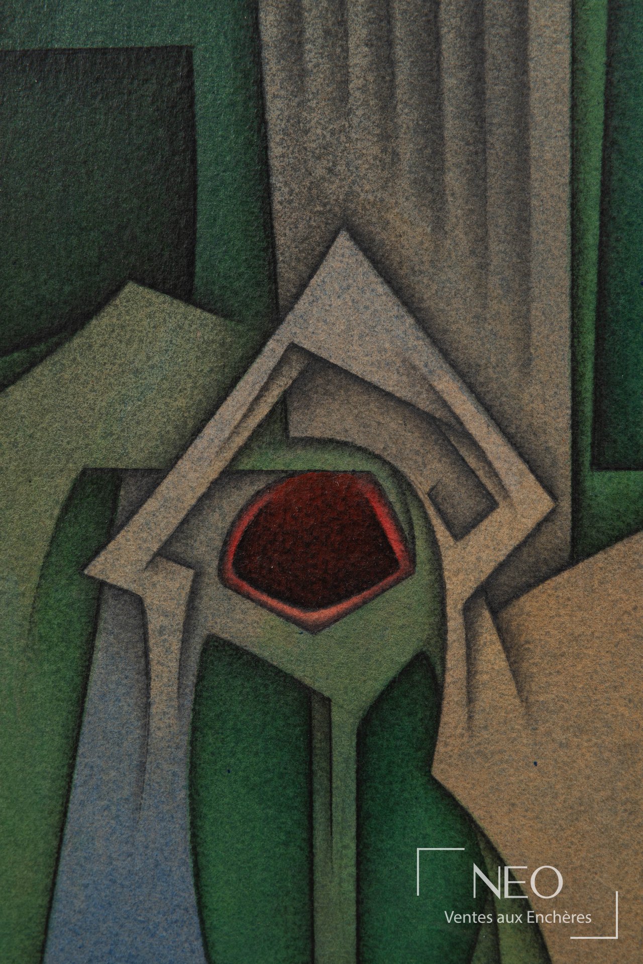 Composition abstraite aux tons verts avec forme rouge centrale