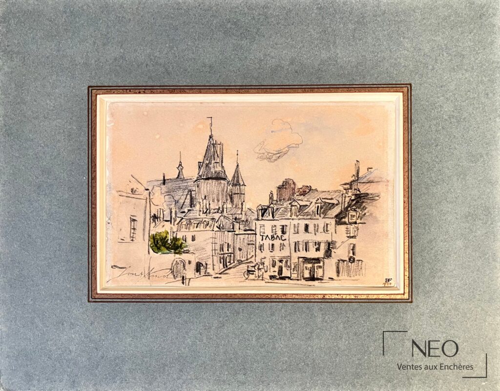 Vue générale encadrée d’une feuille de Johan Barthold Jongkind représentant un port