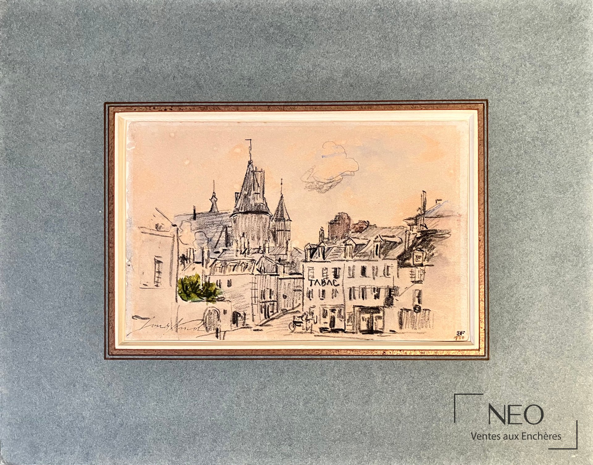 Vue générale encadrée d’une feuille de Johan Barthold Jongkind représentant un port