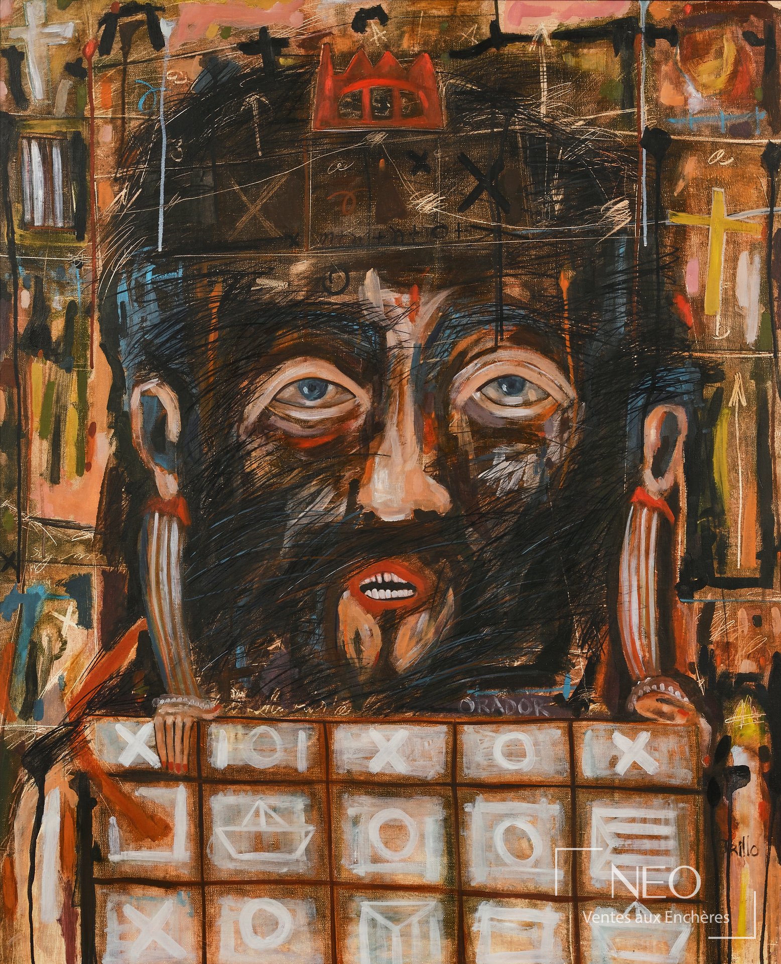 Composition abstraite de John Grillo aux visages stylisés et motifs géométriques