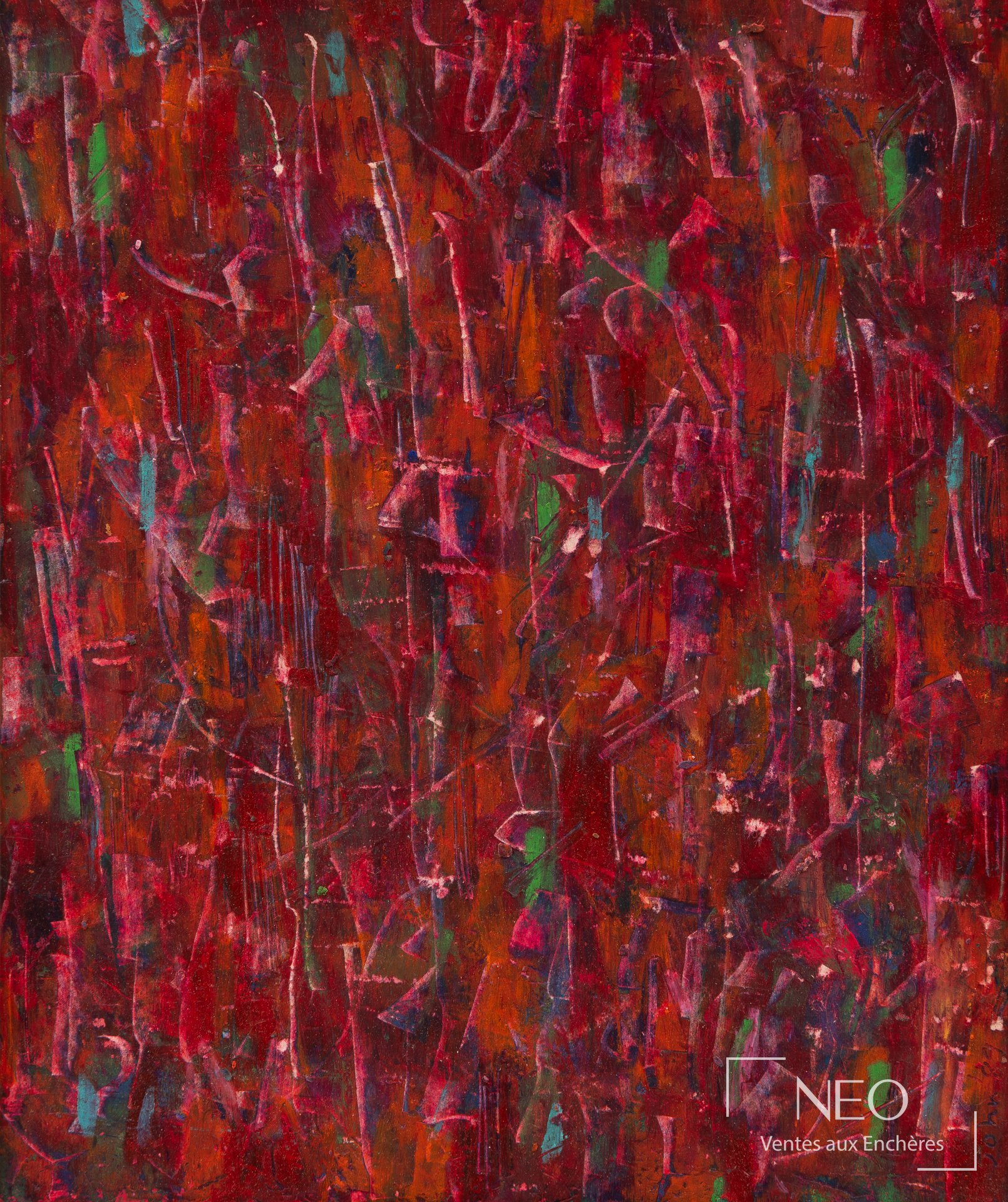 Composition abstraite rouge et rose au pastel sur papier