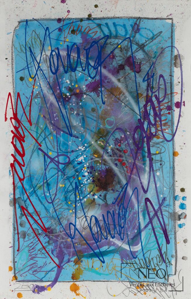 Composition abstraite bleue et violette sur papier