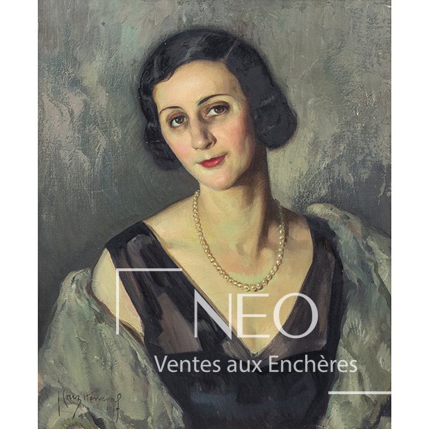 Portrait peint d'une femme au collier de perles