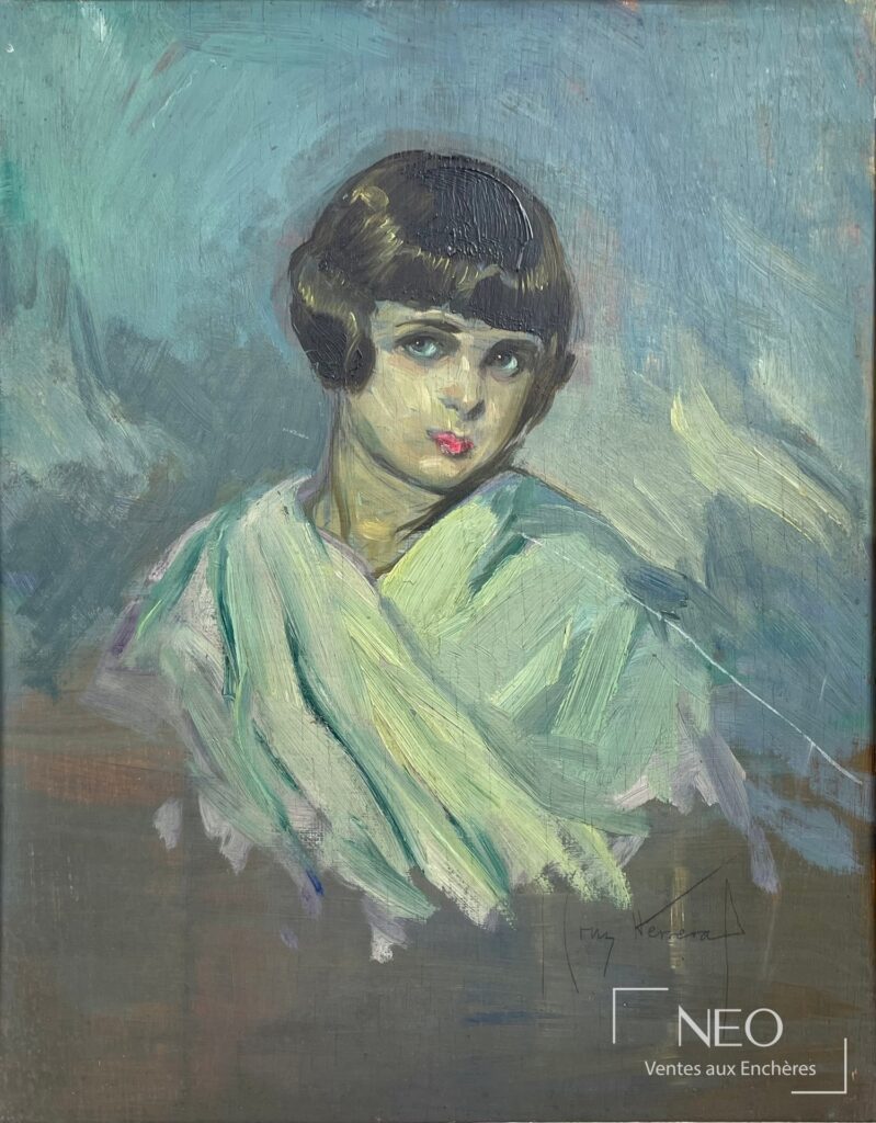 Portrait féminin peint sur fond bleu