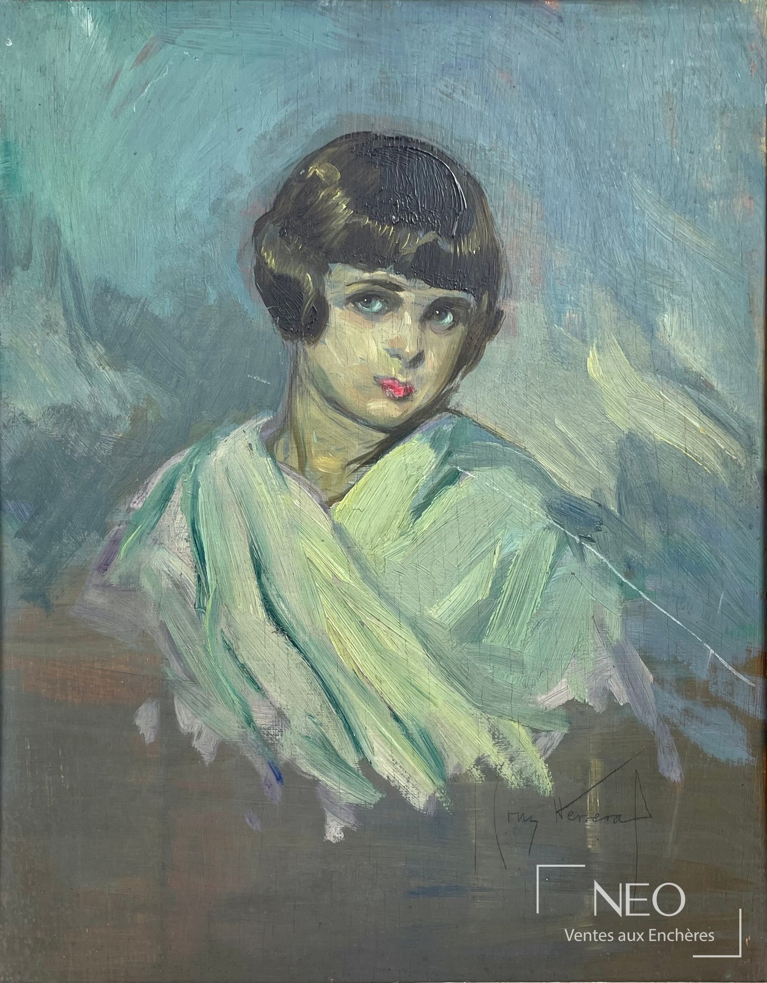 Portrait féminin peint sur fond bleu