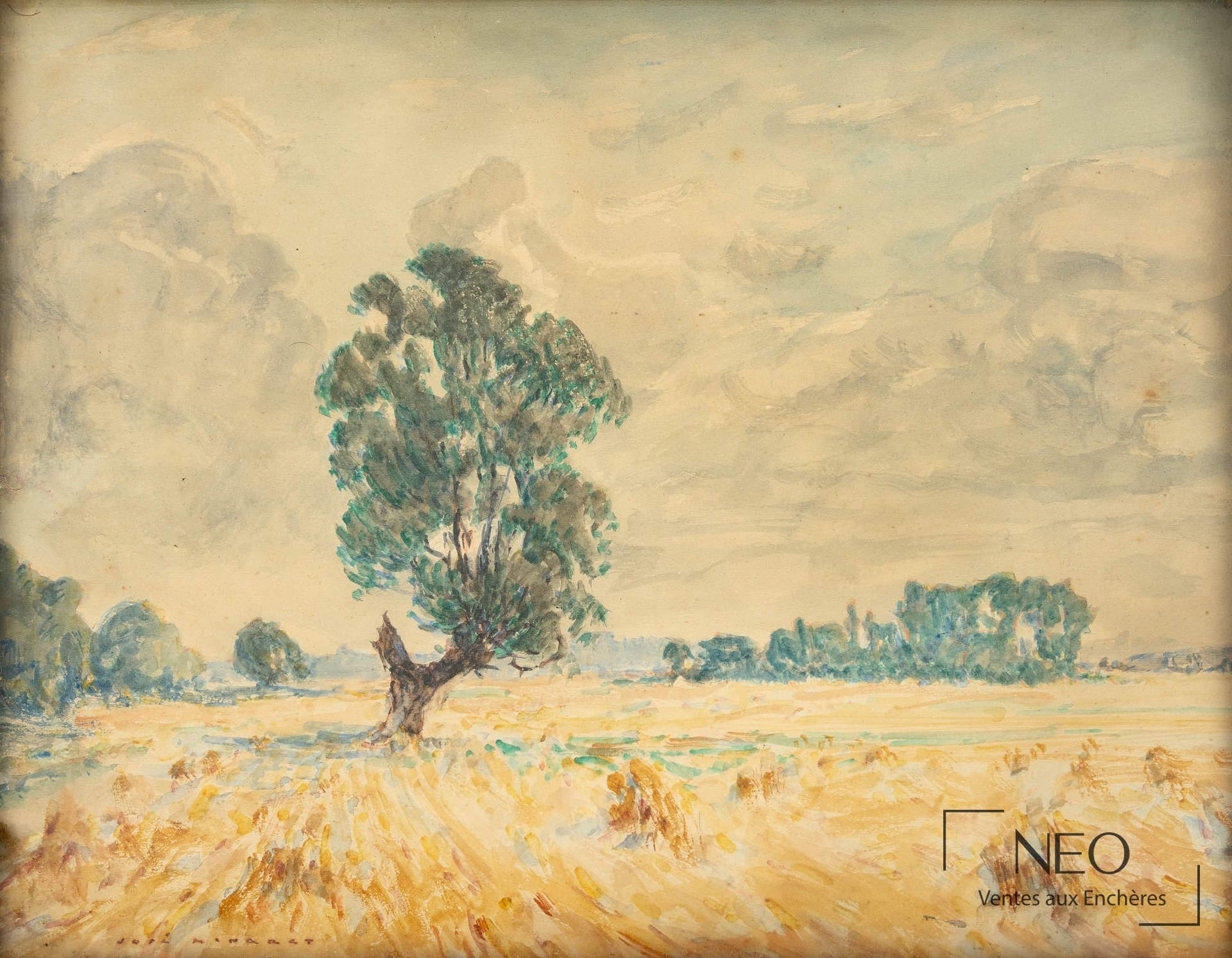 Aquarelle de paysage avec un arbre isolé au centre d’un champ sous un grand ciel clair