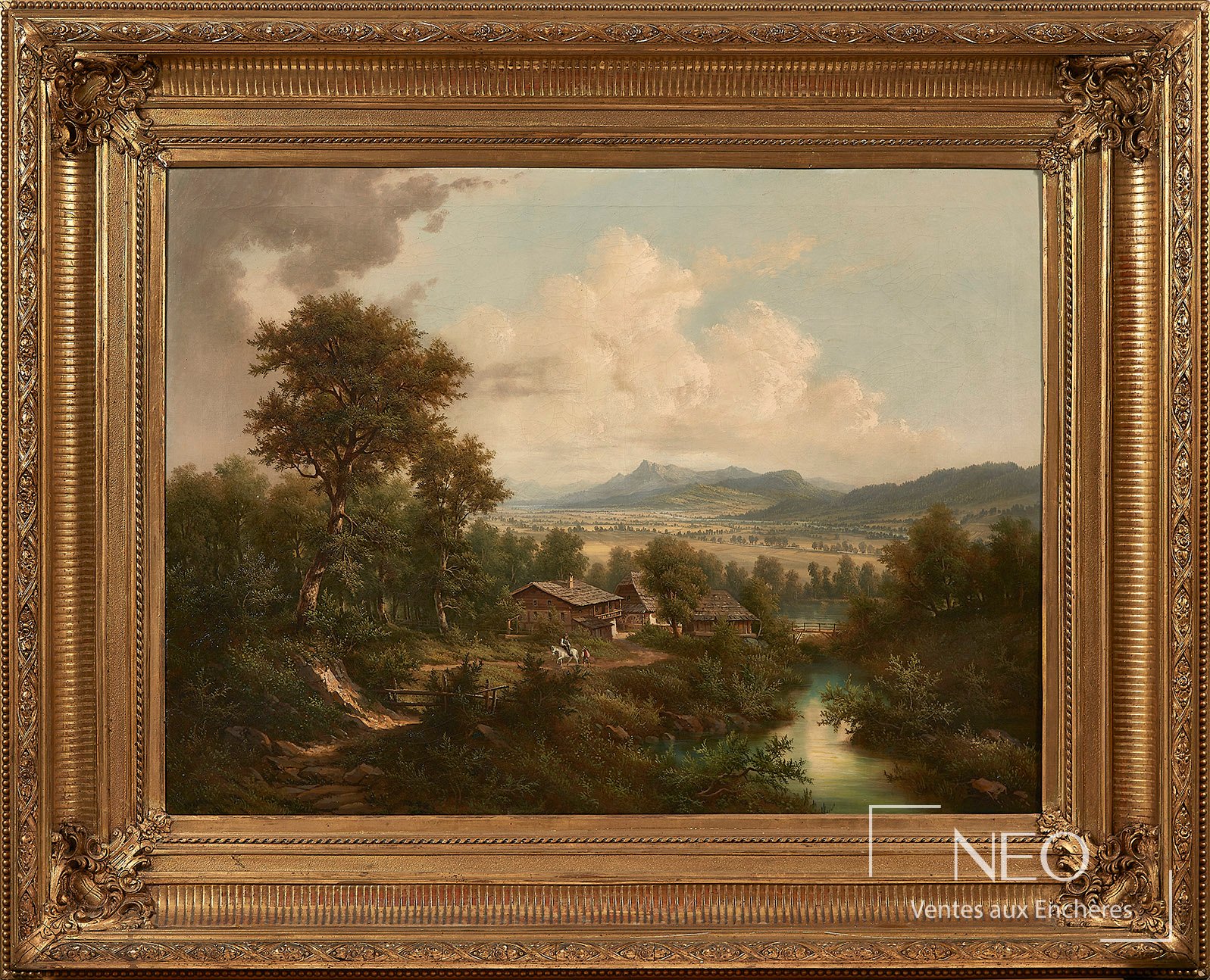 Josef Burgaritzky attribué à, paysage lacustre animé, huile sur toile