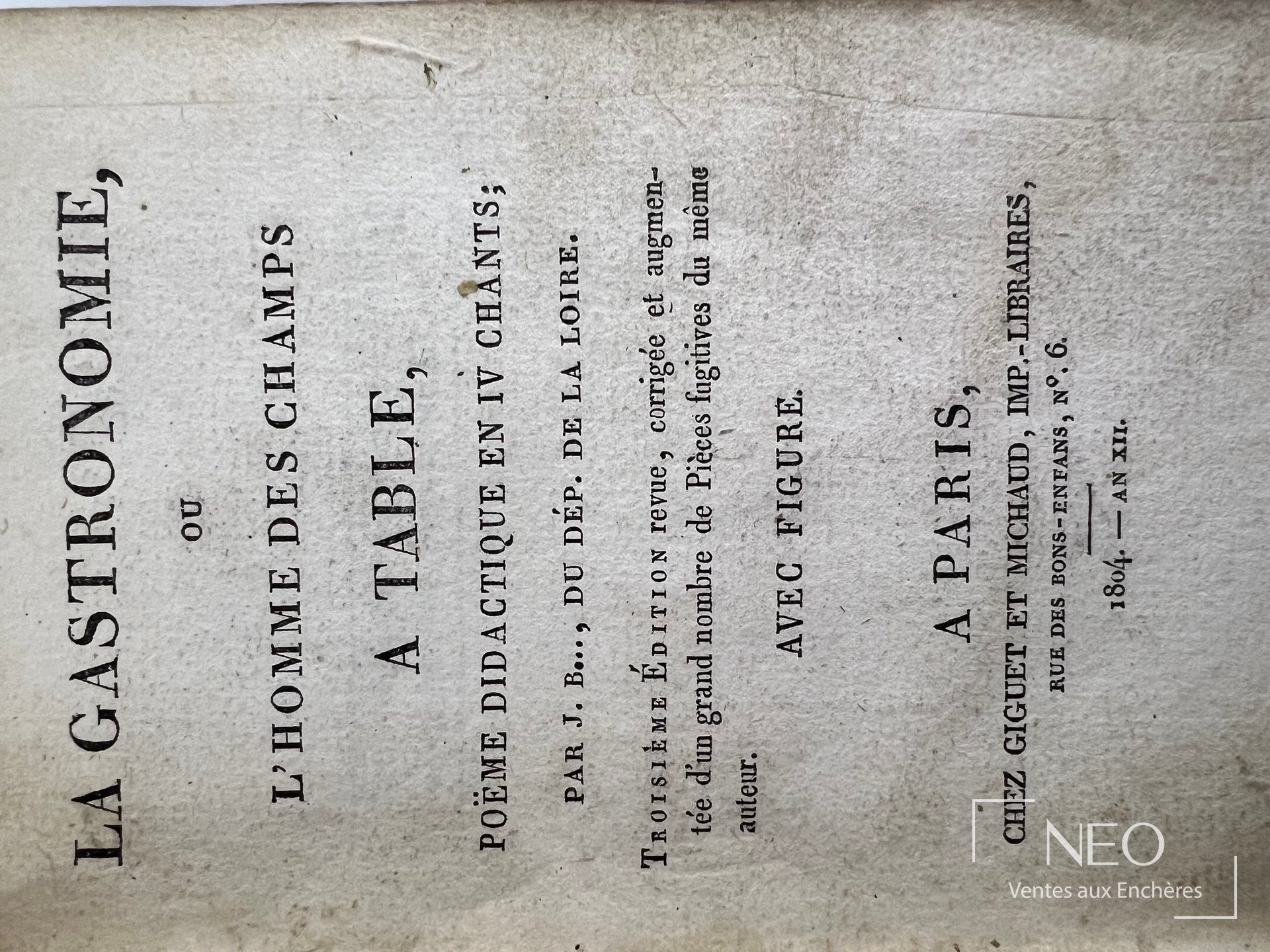 Page de titre de La Gastronomie ou l'homme des champs a table de Joseph Berchoux