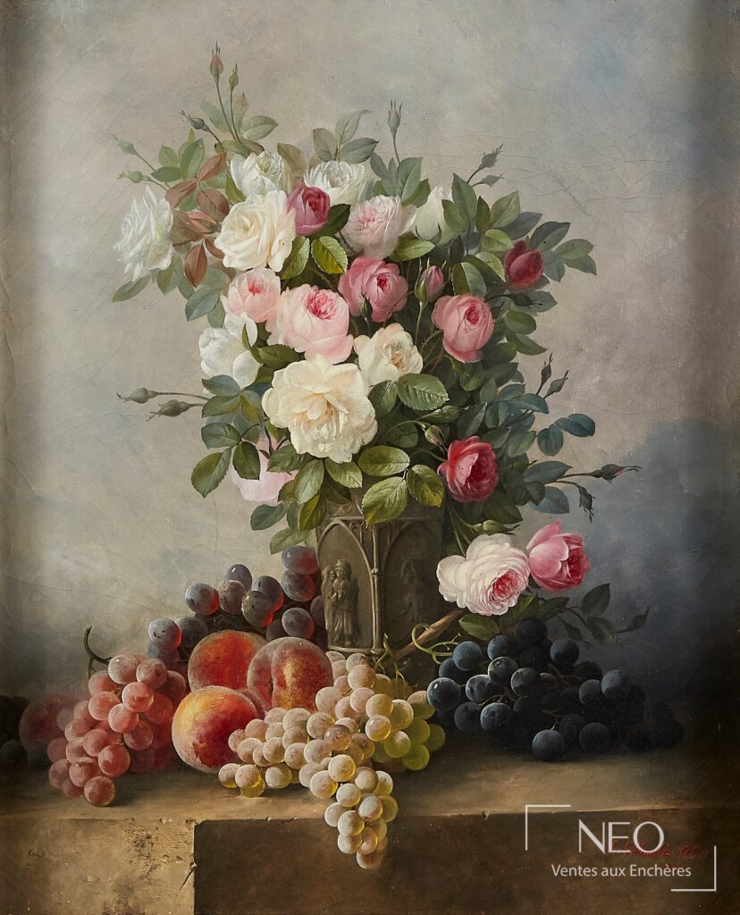 Bouquet de roses et fruits dans un vase
